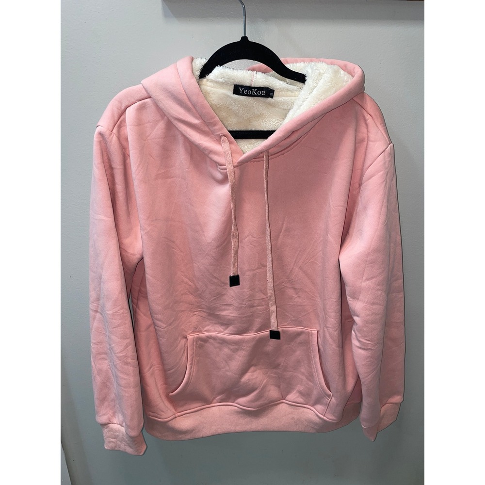 YeoKou Women Pink Sherpa Lined Hoodie Heavyweight Fleece Sweatshirt XL Cotton